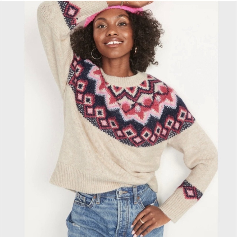 Old Navy Fair Isle Sweater Women XXL Ivory Pink Navy Blue Knit Ribbed‎ Hem Cuffs
